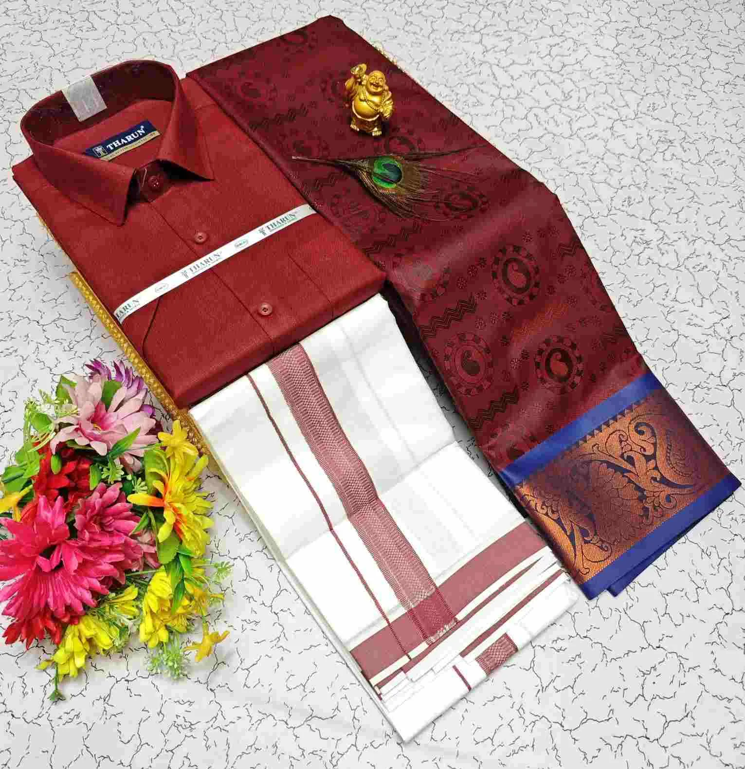 Mayil Maroon Blue Contrast Silk Couple Combo